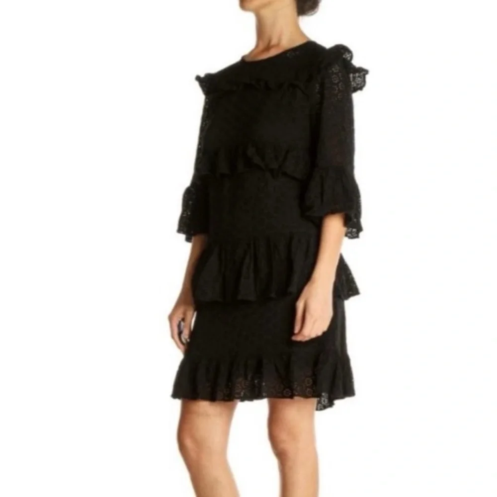 MADEWELL | Black‎ Eyelet Waterlily Ruffle Round Neck Tiered Mini Dress Size 6